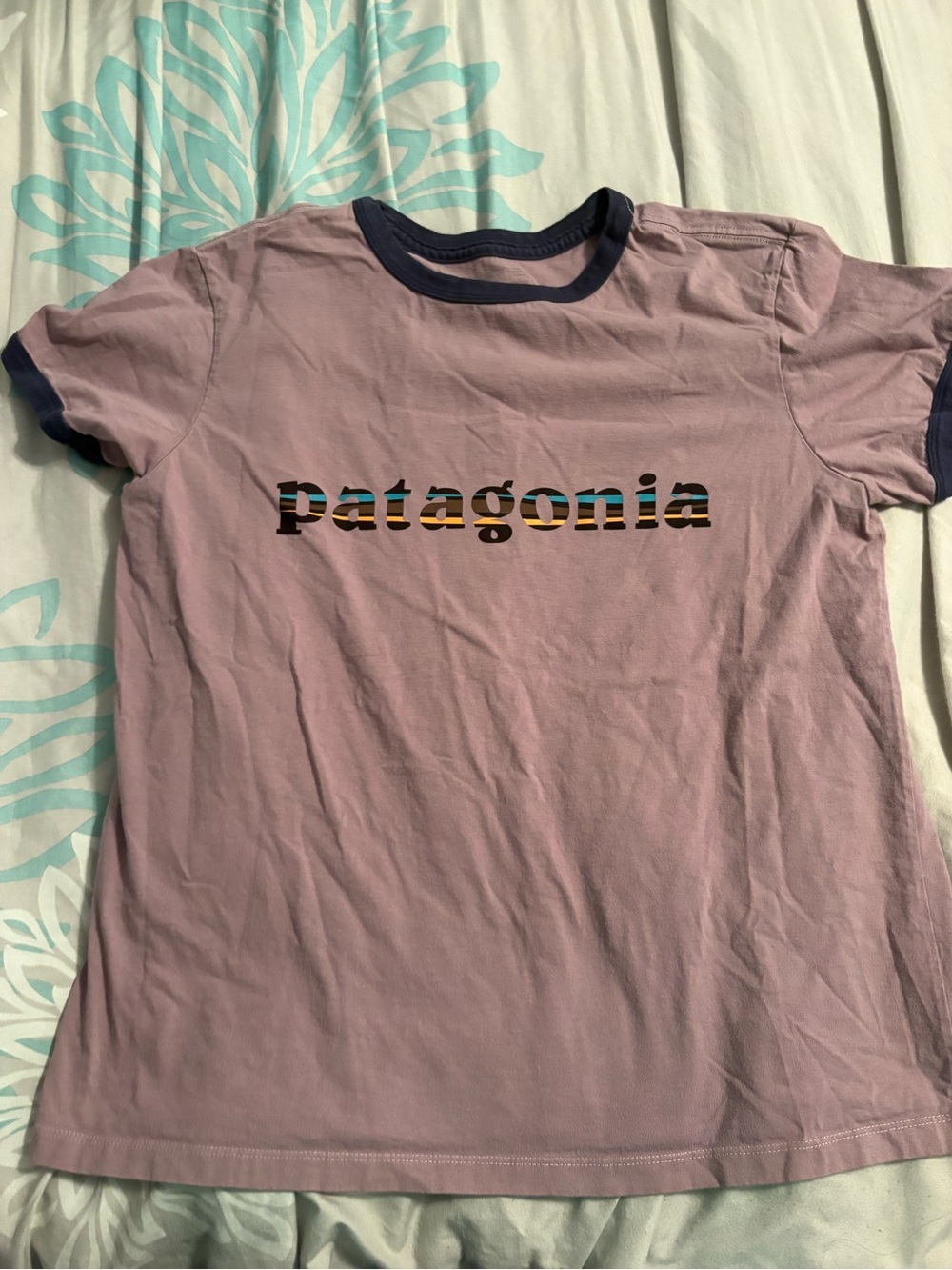Patagonia Lavender Ringer Tee with Navy Trim and Multicolor Striped Logo